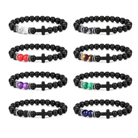 SAILIMUE 8 Pcs Cross Bead Bracelets for Women Men 8mm Tiger Eye Lava Rock Stone Stretch Elastic Cross Bracelet Set