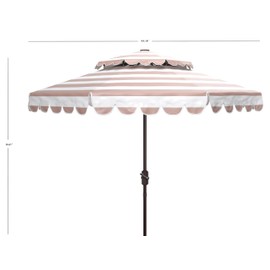 SAFAVIEH Outdoor Collection Vienna Beige/White Stripe Scallop Doubletop 9Ft Crank Auto Tilt Umbrella for Backyard, Patio, Deck, Poolside