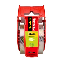 Scotch Sure Start Shipping Packaging Tape, 1.88"x 22.2 yd, Designed for Packing, Shipping and Mailing, Quiet Unwind, No Splitting or Tearing, 1.5" Core, Clear, 1 Dispensered Roll (145)