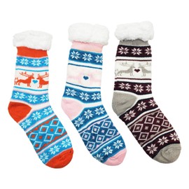 Fluffy Thermal Sherpa Socks, 3 Pairs for Women, Ultra Soft Slipper Christmas Winter Non Skid (Fair Isle C)