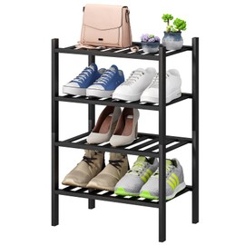 viewcare Black Small Shoe Rack for Entryway, 4-Tier Bamboo Shoe Organizer for Hallway Closet, Free Standing Shoe Racks for Indoor Outdoor