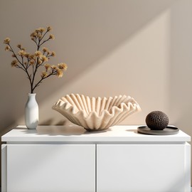 ARTRHYT Large Decorative Bowl decor, Scalloped Pedestal Bowls for Modern Home Decor,Ruffle Decor,Stylish Key Bowl for Entry Table,Decorative Fruit Bowl for Kitchen Counter,Beige