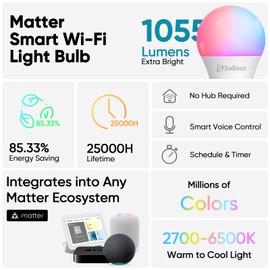 sailsco Matter Smart Light Bulbs,WiFi Smart Bulbs Work with Alexa/Google Home/Smart Life,RGBCW Color Changing LED Light Bulbs Music Sync,A21 E26 75W 1055LM,2.4Ghz WiFi Only,No Hub Required,2 Pack