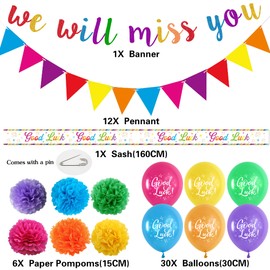 We Will Miss You Banner Decorations - Sorry You Are Leaving Decoration Banners Buntings Sash Paper Pom Poms, Good Luck Balloons Retirement Graduation Going Away Farewell Party Supplies