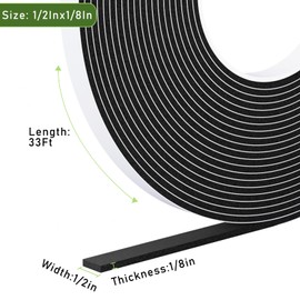 Strong Adhesive Door Weather Stripping,1/2Inch Wide X 1/8 Inch Thick,Foam Insulation Tape,Air Conditioner Foam,Window Soundproof Weatherproof,Total 33 Feet Long