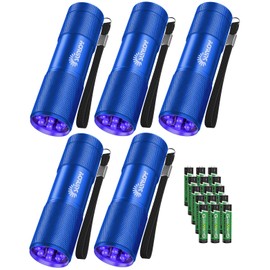 Sunloy UV Flashlight Black Light, 5 Pack 9 LED 395nm UV Lights Blacklight, Portable Mini Torch Light Pet Urine Detector for Dog/Cat Urine, Scorpions Finder, Resin Curing(15x AAA Batteries(Blue))