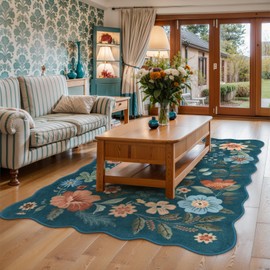 Lahome Floral Washable Rugs for Bedroom, 4X6 Area Rug Ultra-Thin Soft Living Room Rug, Non-Slip Classroom Rug Stain Resistant Lightweight Boho Rug Low-Pile for ‎‎Nursery Office (4x6ft,Navy Blue)