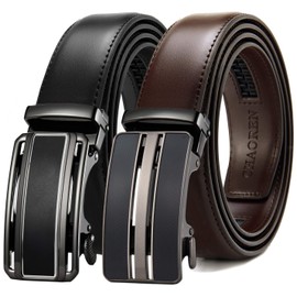 CHAOREN, Business Belt, Set of 2, Men's, Large Size, Auto Lock, No Hole, Suit, Gentleman Belt, Leather, Men's, Stepless Adjustment, Gift Box Included, Christmas Gift Belt, A Black/Burnt Brown