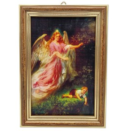Lunexus Guardian Angel Picture 12 x 17 cm with Wooden Frame and Real Glass Blessed Motif Angel Preserves Child on the Abyss Wall Picture Religious Decoration Christening Birth Communion Children's