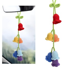 ZNDAW Lily of The Valley Car Accessories, Cute Crochet Rear View Mirror Hanging Ornament, Handmade Knitted Simulated Plants Mirror Charms, Automotive Interior Decor for Women Girls (Colorful)