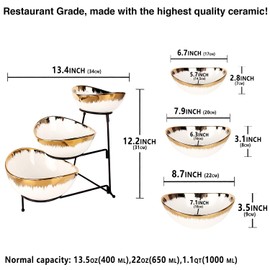 jinsongdafa 3-Tier Serving Rack Ceramic Bowls, Foldable Black Stand with 6.7"/7.9"/8.7" Gold Rim Bowls, for Food Display, Fruit, Dessert, Decoration for Parties Entertaining 3-Tier Radiance Rack