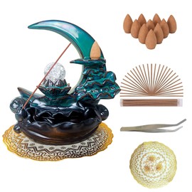 TPUABR Moon Backflow Incense Burner, Ceramic Incense Waterfall, with 60 Mixed Backflow Incense Cones + Decorative Pad + Tweezer+30 Incense Sticks, Suitable for Spa,Yoga,Meditation Rooms and Gift