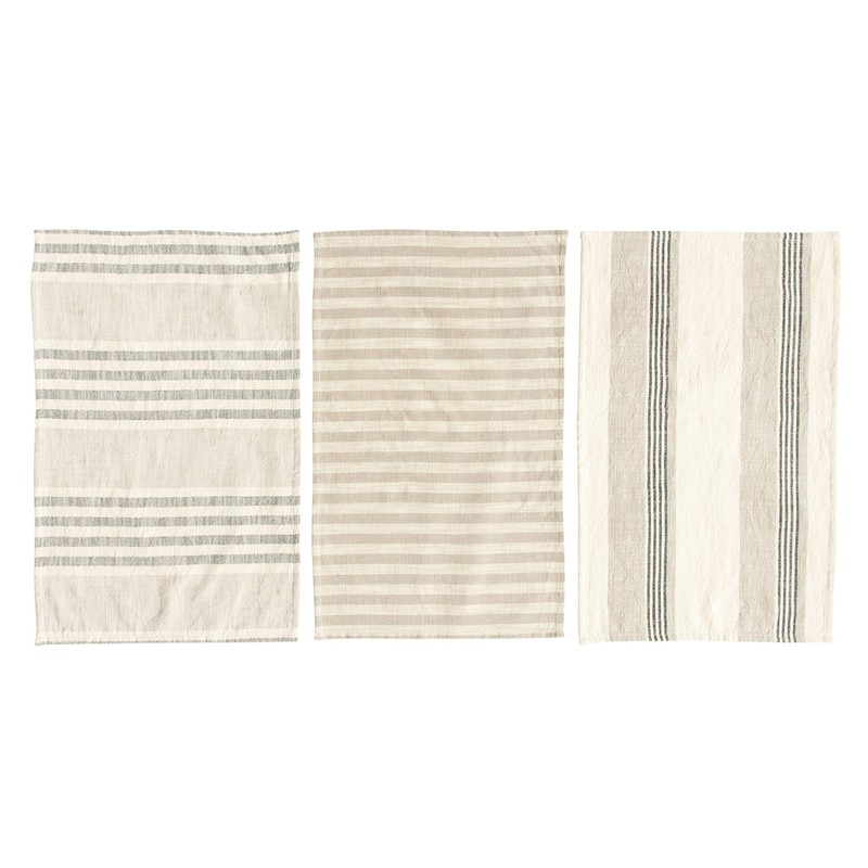 Creative Co-Op Tan & Grey Striped Cotton Tea Towels (Set