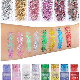 Purpurina para Cara, Brillo Corporal Cara Festival Glitter, Face Glitter Stick, Cabello, Maquillaje de Larga Duración con Lentejuelas de Sirena, Maquillaje Halloween