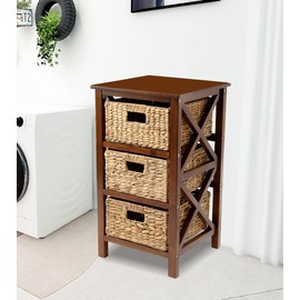 eHemco 3 Tier X-Side End Storage Cabinet with 3 Wicker Baskets, Walnut