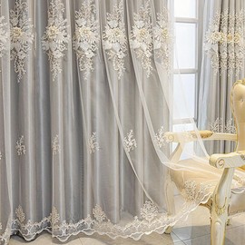 Amidoudou 1 Pair Luxury European Curtains with Valance for Living Room Bedroom Double Layer Embroidered Curtains (Grey,52x90 Inch)