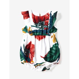 PATPAT Matching Family Outfits Mommy and Me Dresses Matching Set Tropical Floral Palm Leaf Print Spaghetti Strap Boho Belted Dresses Hawaiian White Floral Print Romper Dress Baby Girl 3-6 Months