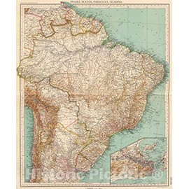 Historic Map : Bolivia; Brazil, Rio de Janeiro Region (Brazil), South America 1929 155-56. Brasile, Bolivia, Paraguay, Guaiana, Vintage Wall Art : 20in x 24in