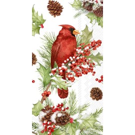 IHR Ideal Home Range Christmas Dinner Napkins Disposable 3-Ply Paper Hand Towels, 8.5" x 4.5", Cardinals In Holly, 16-Count