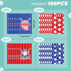MOJIEZUO 100Pcs Baseball Gift Bags for Snacks with Handle 4 Pattern Treat Bags Baseball Cellophane Bag Candy Party Favors for Sports Team Birthday Sport Themed Party Supplies, 6.3 "x 9.8"