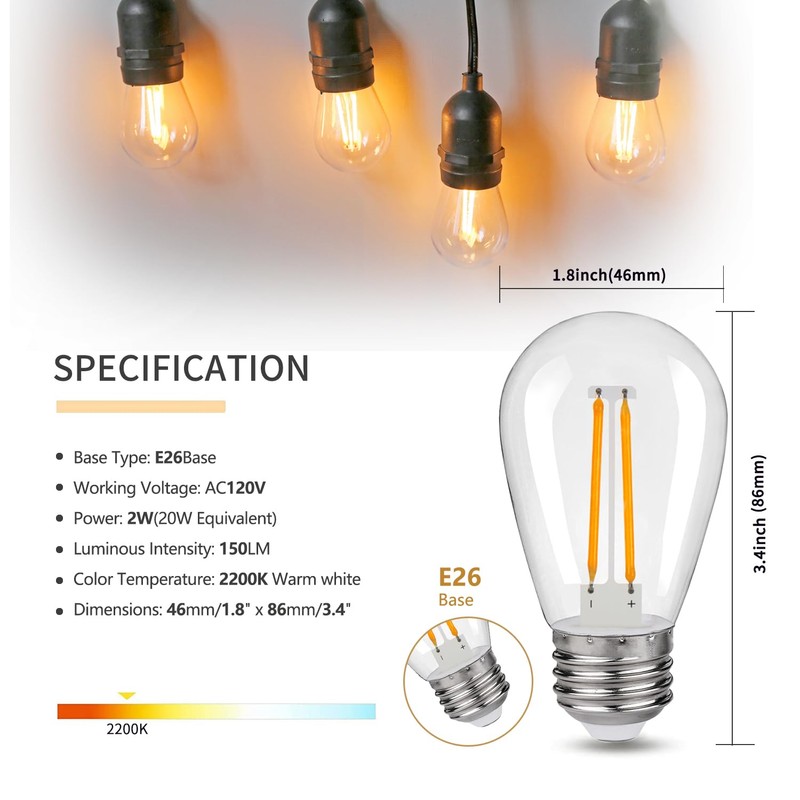S14 Replacement LED Light Bulbs, Shatterproof & Waterproof 2W S14