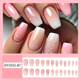 Pink Gradient White Burst Press on Nails Fake Nails Medium Coffin ,Aqinmony with Designs False Nails Medium Coffin, French Tip Full Cover Glue on Nails, Glossy Acrylic Thick Stick on Nails Medium For Women 24Pcs DY1933-B7