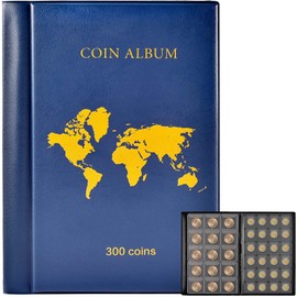 Coin Collection Book Holder Album for Collectors, 300 Pockets Coins Display Storage Case, Collecting Sleeves Organizer Box for Coin Collections Supplies, Money Currency, Pennies (Blue)