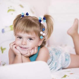 TODDER 6 PCS Hair Bows for Girls, Flower Hair Accessories Grosgrain Ribbon Hair Clips for Toddler Girls Cute Pigtail Hair Bows for Birthday, Themed Party, Christmas, Back to School(Blue and White)