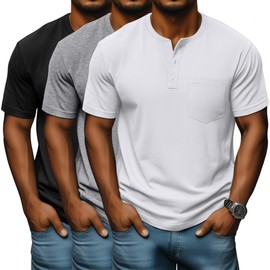 Neer 3 Pack Men's Big and Tall Henley T-Shirts, Short Sleeve Cotton Pocket Oversized Tops Casual Summer Soft Loose Basic Tees(Black, White, Light Gray,3X-Large)