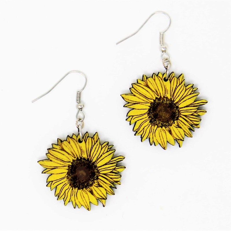 Hand-Painted Wood Sunflower Dangle Earrings