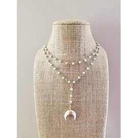 Double Horn White Gold Beaded Rosary Chain Lariat Necklace