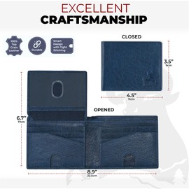 Blue Leather Wallet for Men Bifold with RFID, Flip Up ID Window in Buffalo Leather
