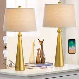 Oneach 3-Way Dimmable Touch Control Modern USB Table Lamp Set of 2 for Living Room Bedroom Bedside Nightstand Lamps Fabric Shade 25.8" Vintage Accent Light Gold Antique Brass