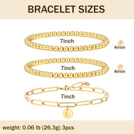 14K Gold Plated Stackable Initial A-Z Beads Bracelet for Women with Letter Pendant Stretch Trendy Stack Jewellery Set for Valentine's Day Jewellery Gifts, 7", Stainless Steel, No gemstone