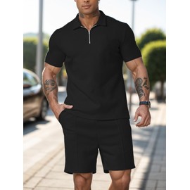 UOUA Mens Track Suits 2 Piece Sets Short Sleeve Sweatsuit Outfits 1/4 Zip Golf Polo Shirts Summer Shorts Loungewear, Black, Large