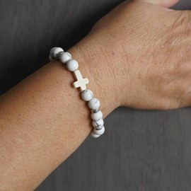 Softones 8mm Beads Cross Bracelet for Women Men Natural Stone Elastic Stretch Prayer Bracelet for Women,with Gift Box