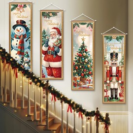 4 Packs Vintage Christmas Banners Porch Signs Decor Xmas Hanging Banner Backdrop Decorations Christmas Tree Santa Snowman Nutcracker Hanging Banner for Outdoor Indoor Xmas Party Supplies Wall Art