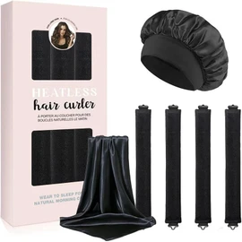 Yakite Tubos para Cabello Sin Calor,4Pcs Heatless Curls con Gorro de Satin para Dormir y Bufanda de Seda Suave,Rizador de Cabello sin Calor para La Mayoría de Los Peinados(Negro)