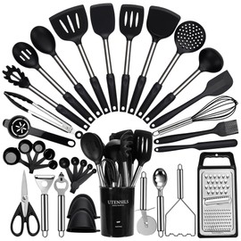 Fyvva Large Cooking Utensils Set, 35 Pcs Kitchen Utensils Set with Holder, Silicone Spatula Set with Stainless Steel Handle, Whisk, Basting Brush, Kitchen Gadgets for Nonstick Cookware (Black)