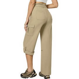 Casei Women's Cargo Capris Pants Lightweight Quick Dry Water Resistant Stretch with 6 Pockets Roll Up Travel Casual Hiking,Khaki,M