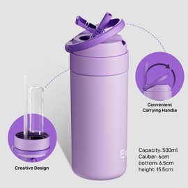 Exllena Insulated Water Bottles with Straw and Handle, 500 ml, Leak-Proof, Creative and Practical Design, Stainless Steel Water Bottle for Hydration on the Go, Travel, School, Work