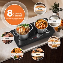 Double Induction Cooktop 1800W, Dual 900W Burners Electric Stove with Cross Mark Glass Surface, Digital Touch Control, 8 Power Levels, Fast Heating & Safety Features for Home Kitchen RV