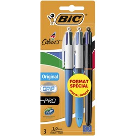 BIC 4 Colours Original Pens - Variety Pack of 3 - Includes Original, Grip and Pro 4 Colour Pens with 1.0 mm Tip,Blue,Green,Red,Black(packaging may vary)