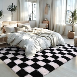 Larhom Black White Checkered Rug for Living Room, 4x6 Feet Modren Indoor Fluffy Carpets for Bedroom Kids Nursery Dorm, Ultra-Soft, Non-Slip and Easy to Clean