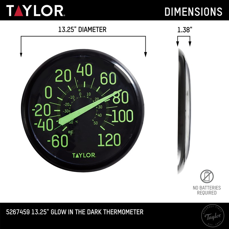 Taylor Glow in the Dark Wall Indoor Outdoor Thermometer, Wireless
