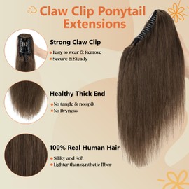 S-noilite Ponytail Extensions, Real Hair, Braid Hair Extensions, Straight, 115 g, Real Hair Ponytail with Clip, 45 cm, #2A Green Dark Brown