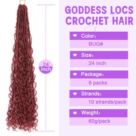 Goddess Locs Crochet Hair 24inch 9 Packs Boho Faux Locs Crochet Hair with Curly Ends Pre Looped Bohemian Locs for Women（BUG）