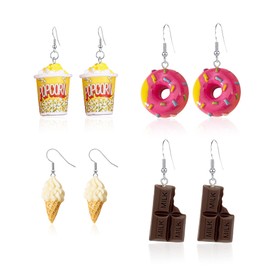 Anmpab 4 Pairs Imitation Cartoon Food Earrings Resin Popcorn Ice Cream Chocolate Donut Dangle Earrings for Women Friends Set (4 Pairs- Popcorn Bucket+Doughnut+Ice Cream+ Chocolate)