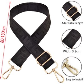 1301 Adjustable Shoulder Strap for Bags, Black, Bag Straps for Changing, Bag Strap Wide with Carabiner Gold, 80-130 cm Carry Strap, Bag for Women, Shoulder Strap, Handbag, 3.8 cm, 1301