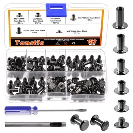 Mardatt 152Pcs 5 Sizes Chicago Screws with Punch and Screwdriver, M5 x 5/6/8/10/12MM Carbon Steel Chicago Rivets M5 Chicago Binding Screws Flat Head Leather Rivets for DIY Leather Repair(Gun Color)